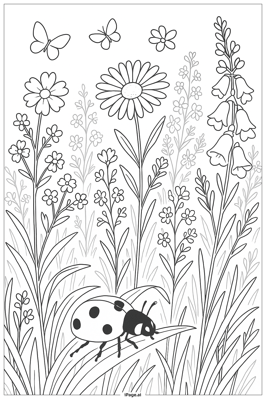  Page de coloriage Coccinelle Parmi les Fleurs Sauvages et les Papillons 