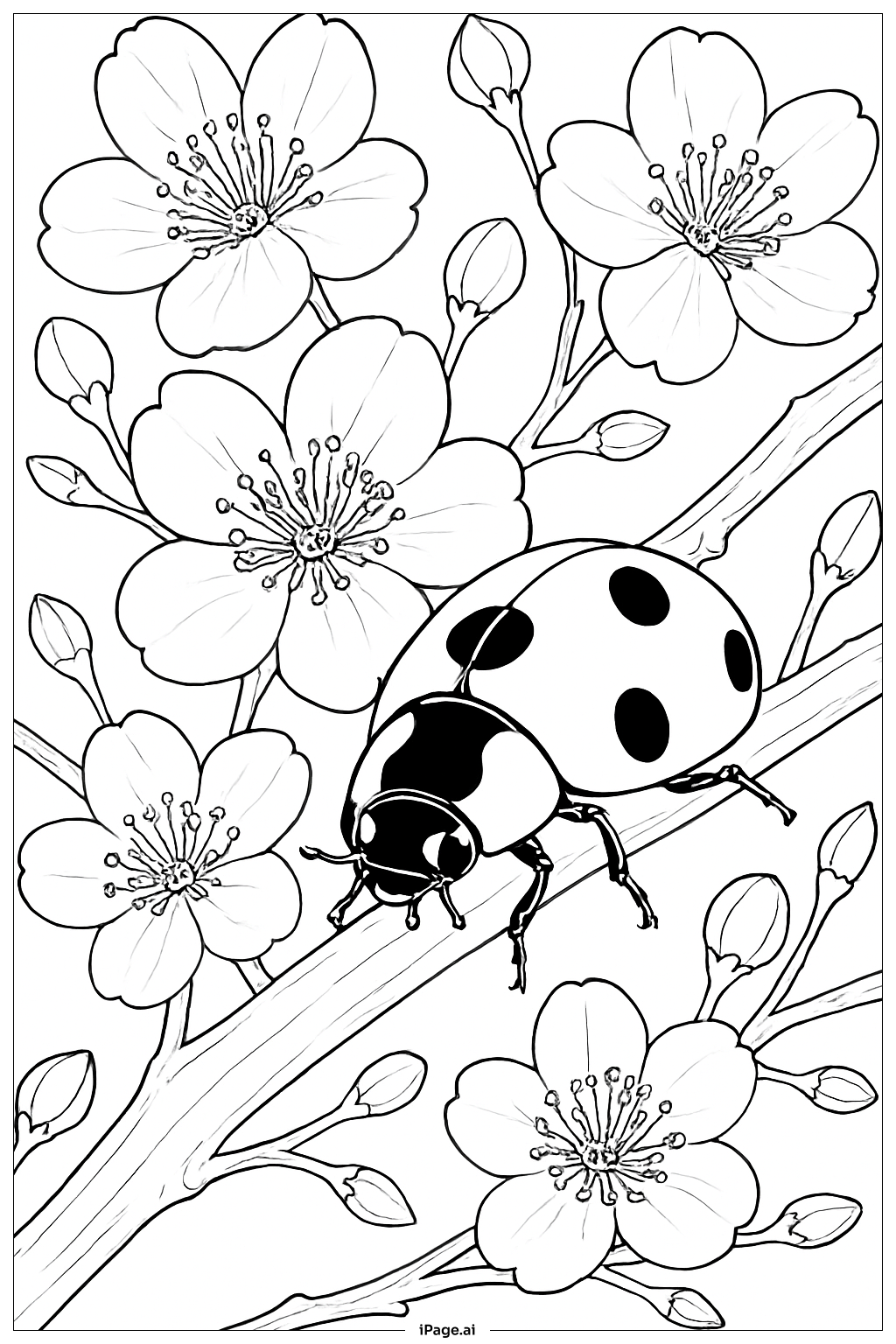  Trang tô màu Bọ Rùa Trên Cành Cây Đang Nở Hoa 