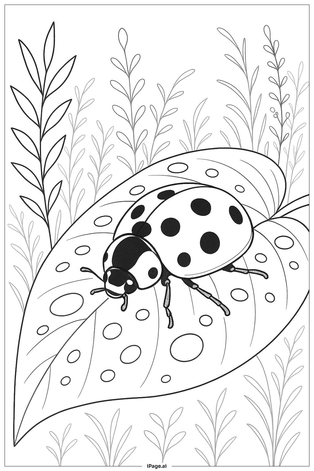 Ladybug On A Leaf With Water Droplets Coloring Page 