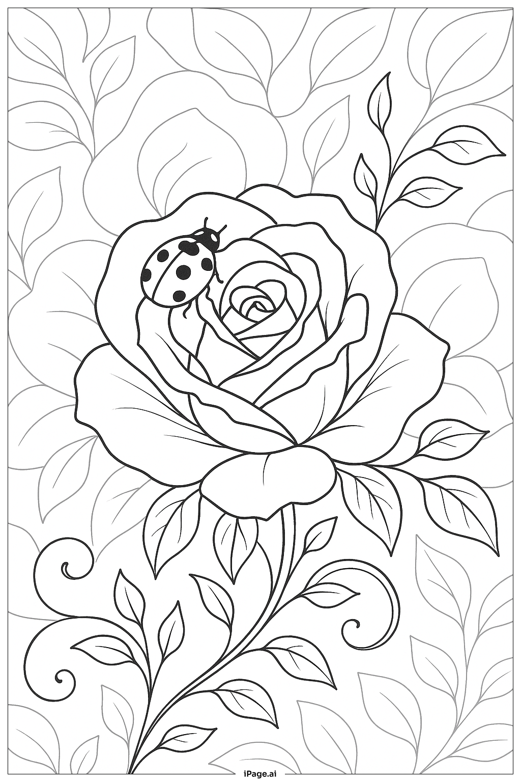  瓢虫停在带藤蔓的玫瑰花上填色页 