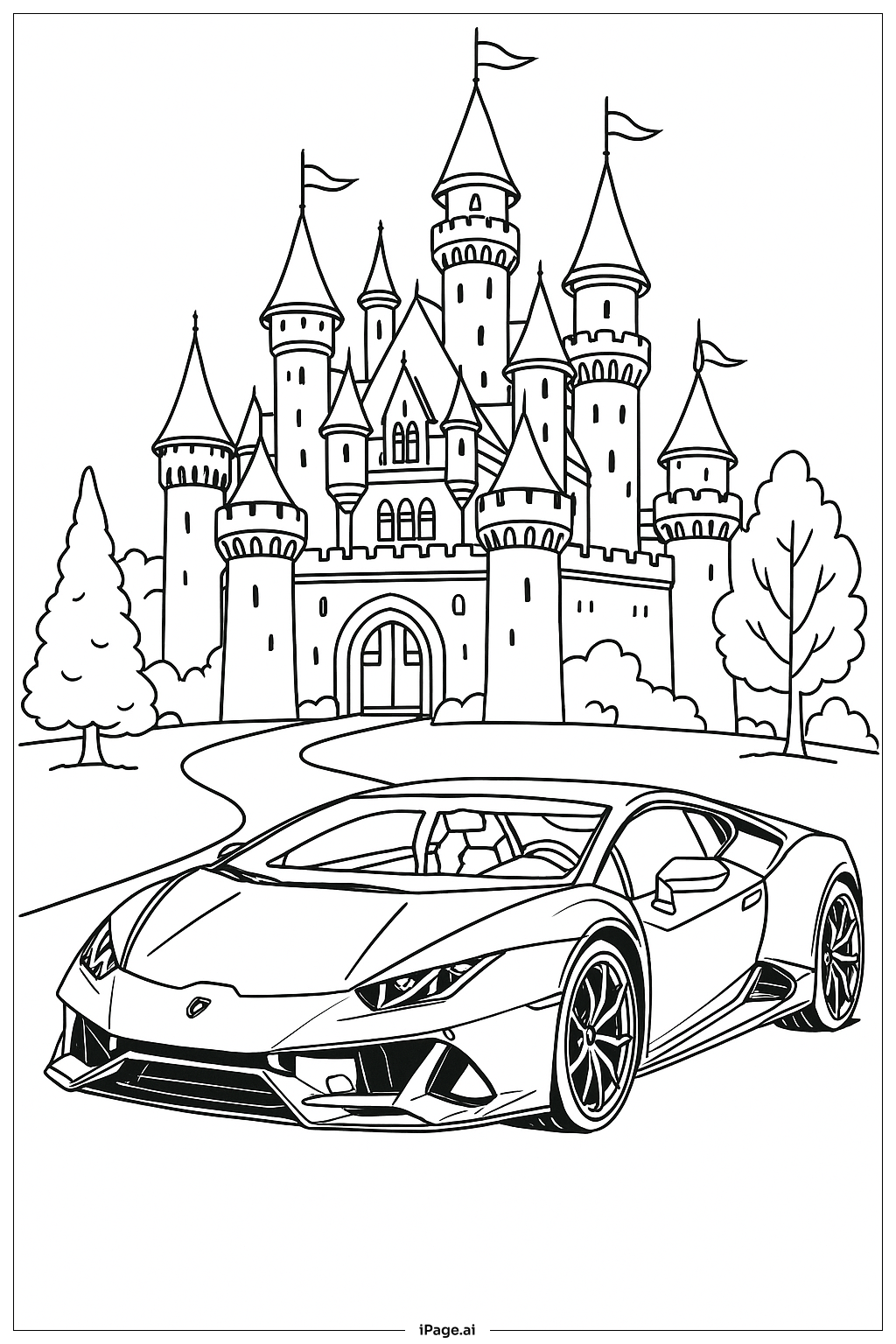  城堡前的兰博基尼填色页 