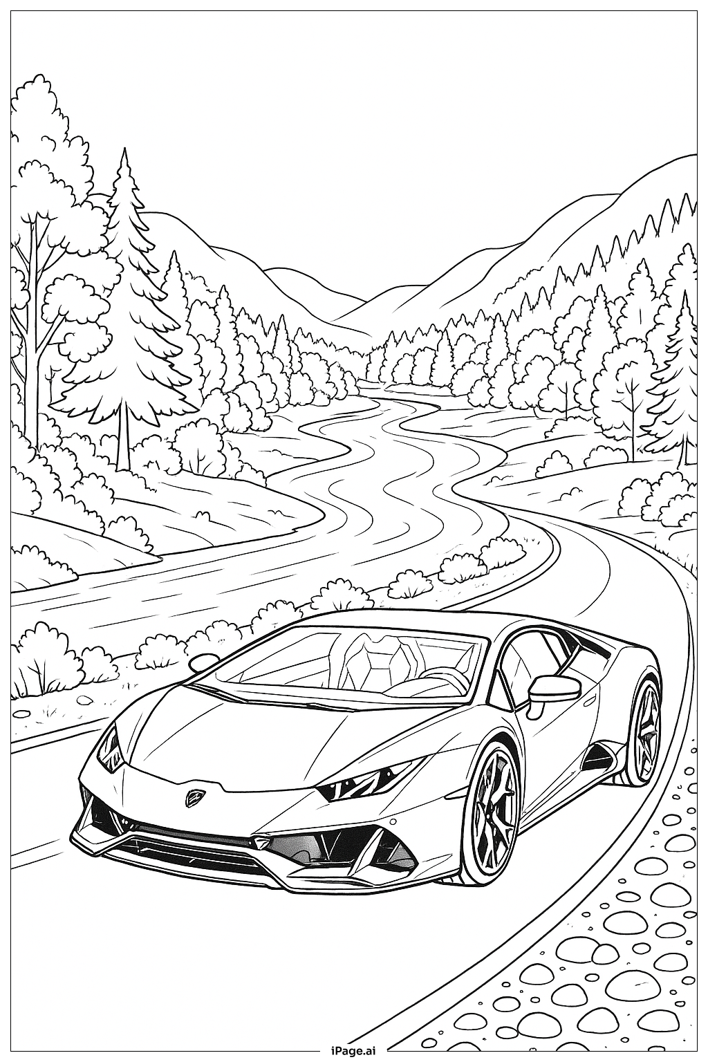  蘭博基尼在風景如畫的山谷著色頁 