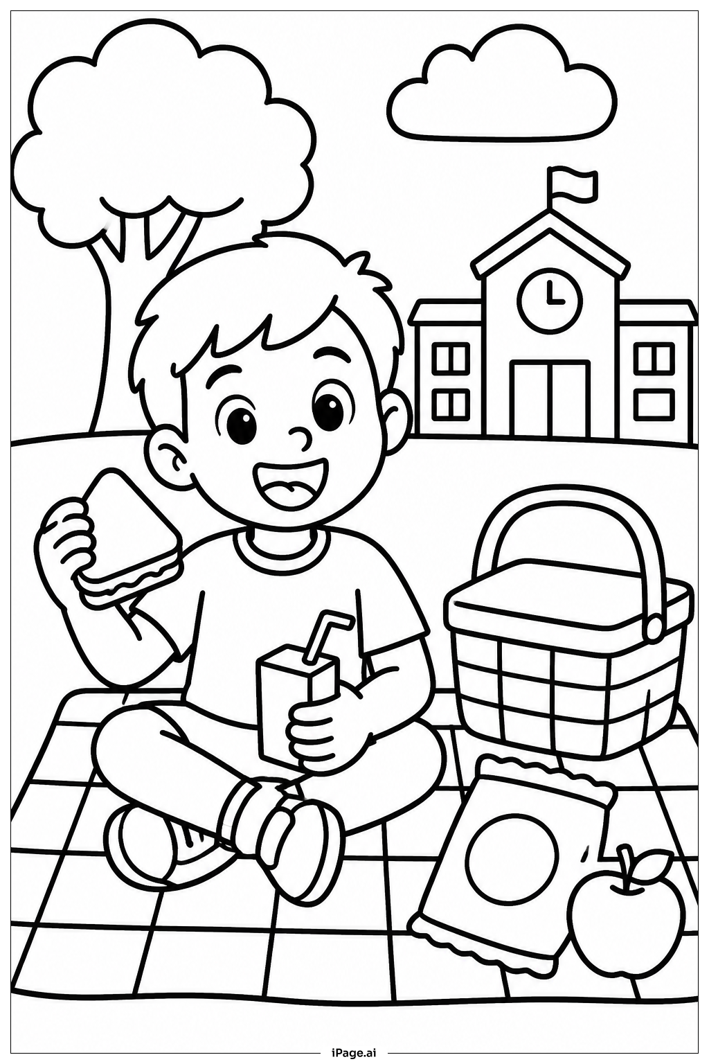 学年最終日の遠足ピクニックの塗り絵ページ