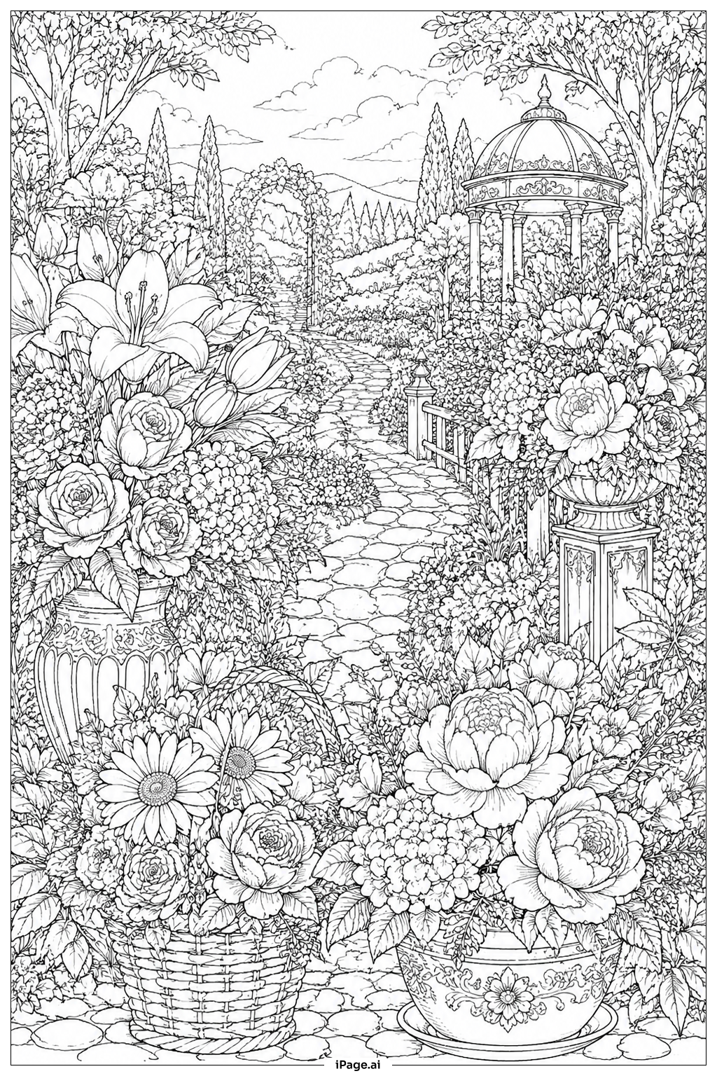 Página para colorir de Panorama de Buquê de Flores em Camadas de Jardim