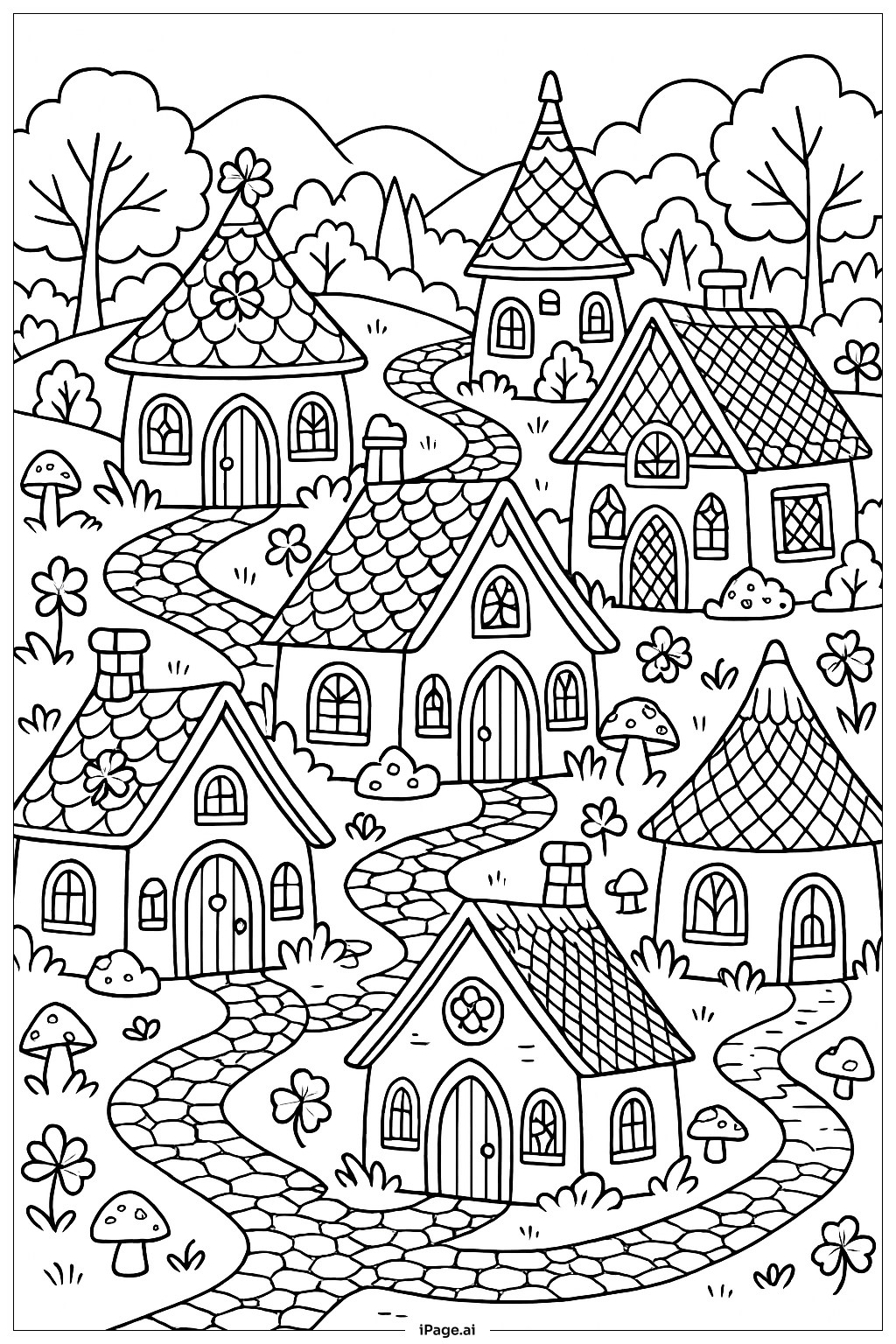  小妖精村庄场景填色页 