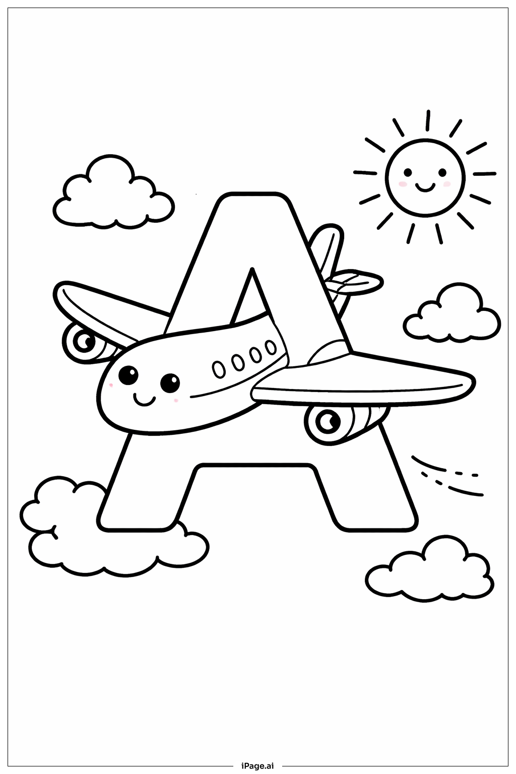 Letter A Airplane in Sky Coloring Page