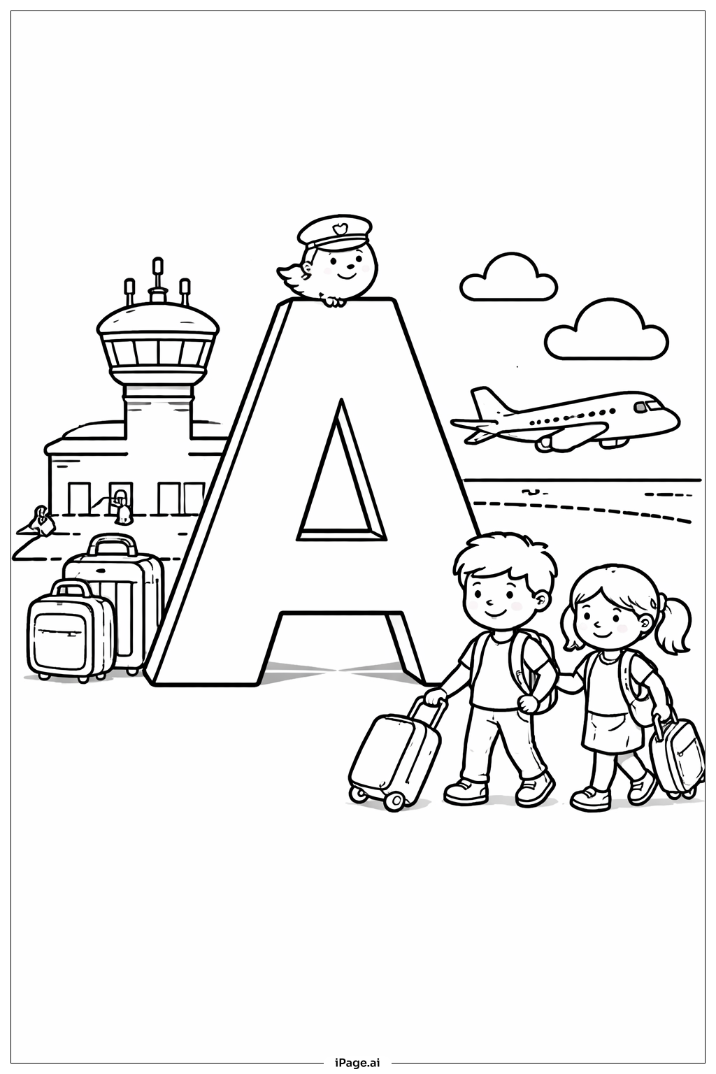 Letter A Airport Scene Coloring Page