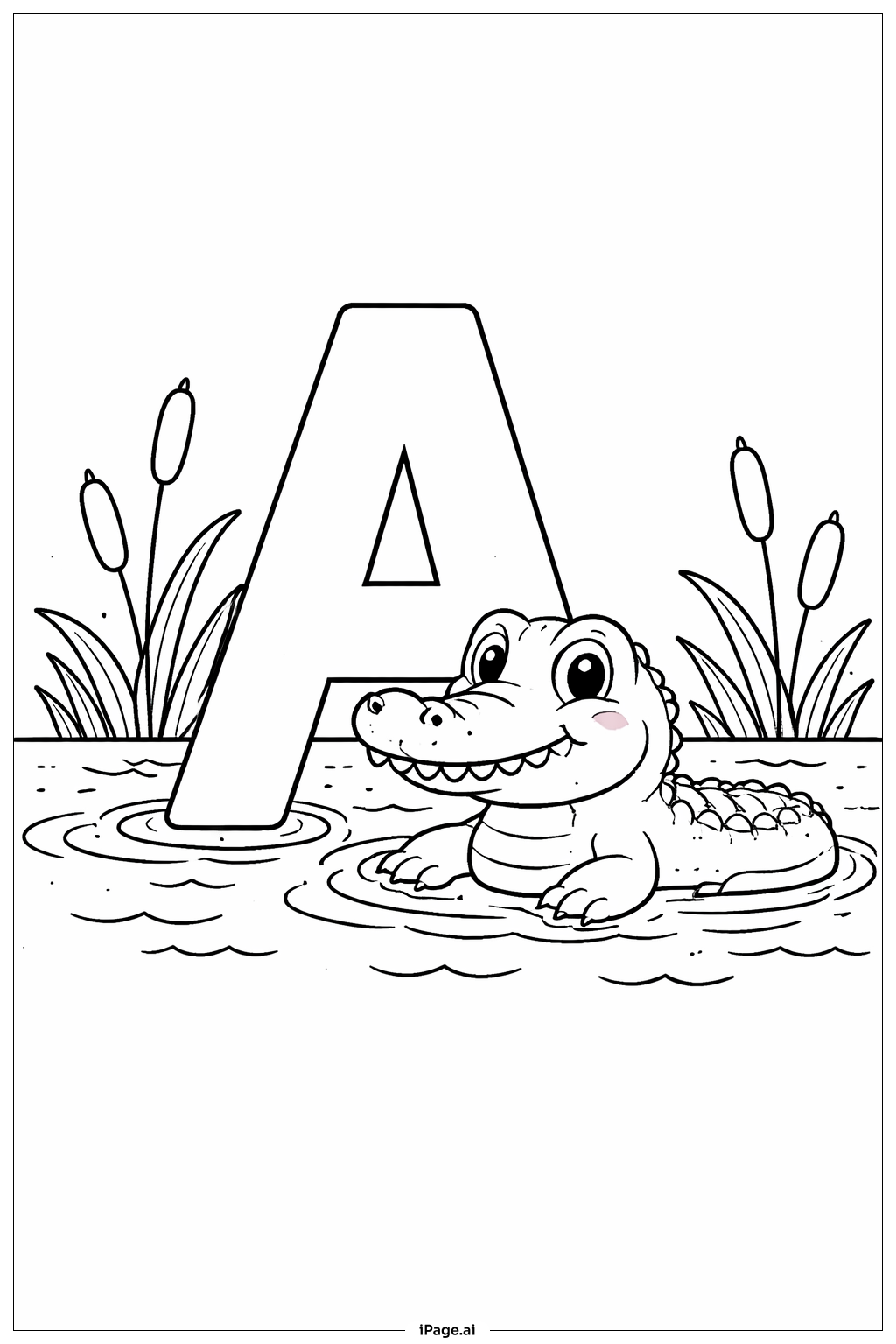 Letter A Alligator in River Coloring Page