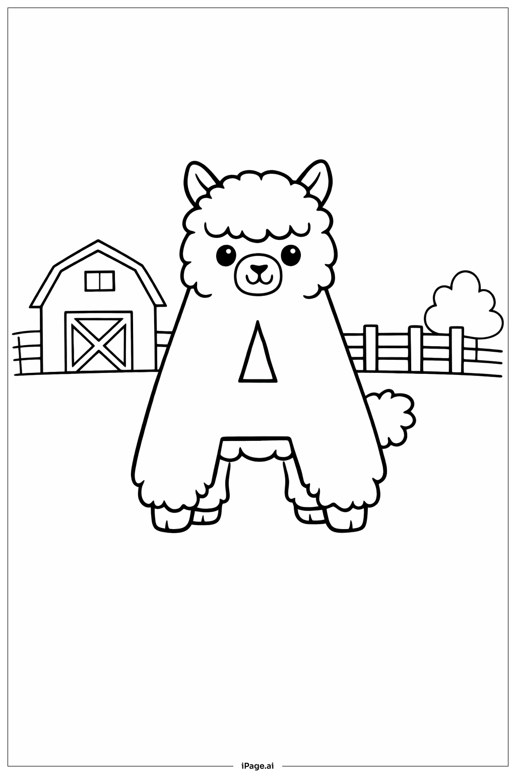 Letter A Alpaca on Farm Coloring Page
