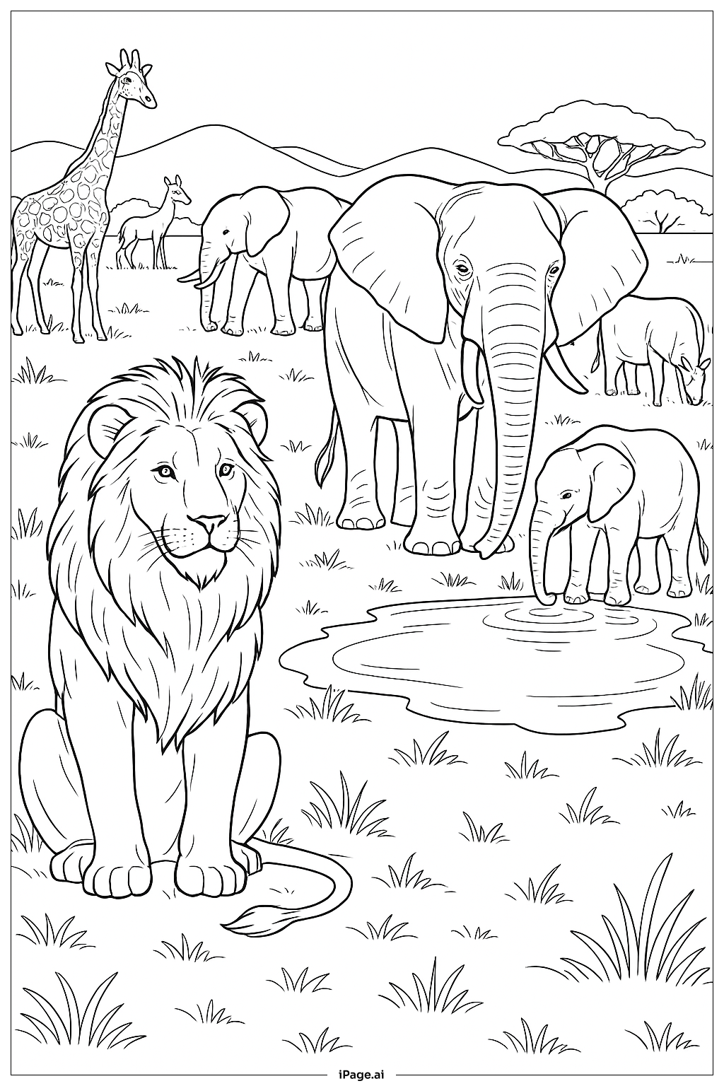 ライオンとゾウの群れの塗り絵ページ 