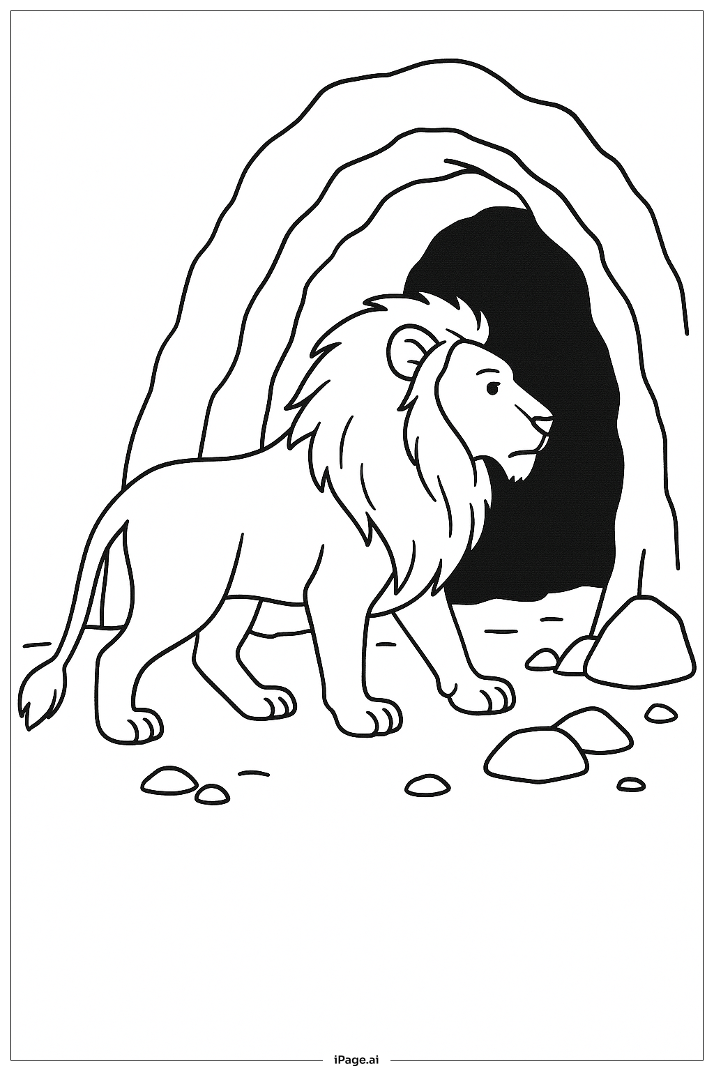  洞窟の入口を探検するライオンの塗り絵ページ 