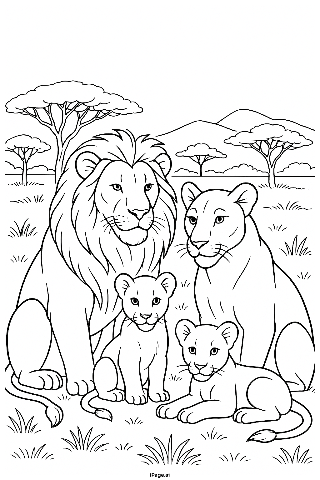  サバンナのライオン家族の肖像の塗り絵ページ 