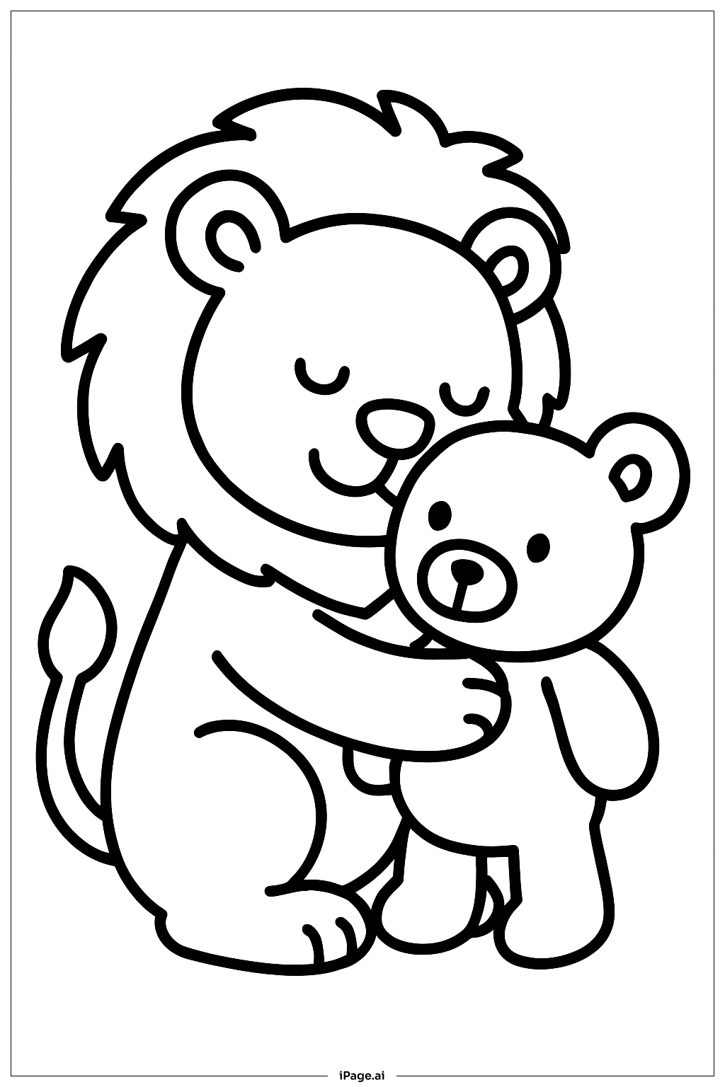  ライオンがテディを抱きしめるの塗り絵ページ 