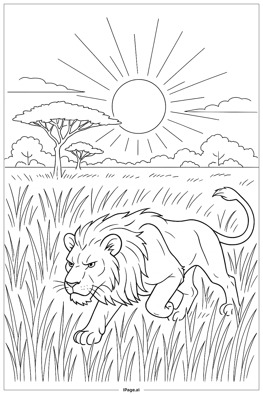  夜明けのライオン狩りの塗り絵ページ 
