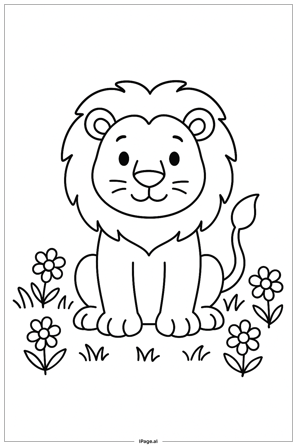  花畑のライオンの塗り絵ページ 