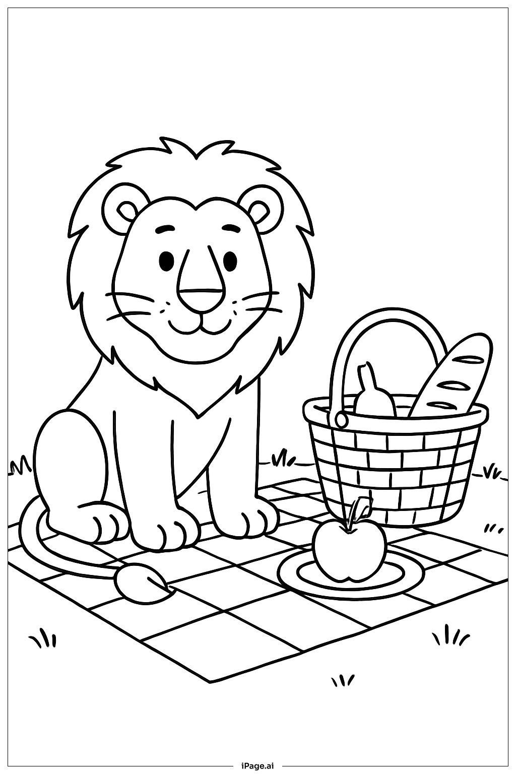  ピクニックのシーンのライオンの塗り絵ページ 