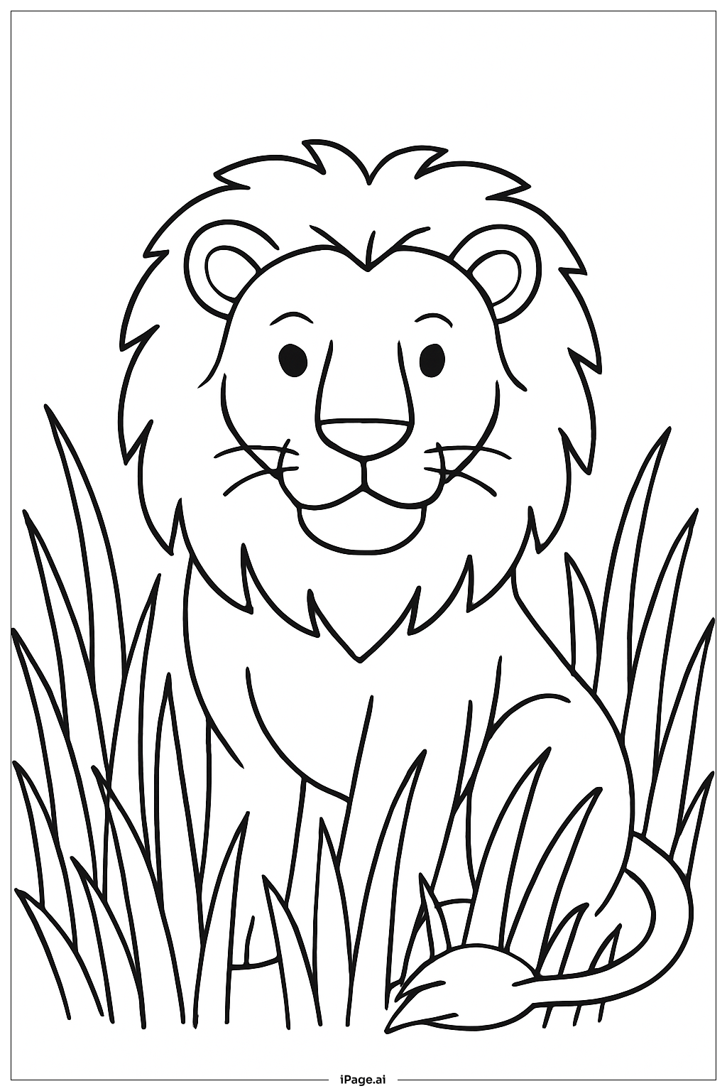  背の高い草むらのライオンの塗り絵ページ 