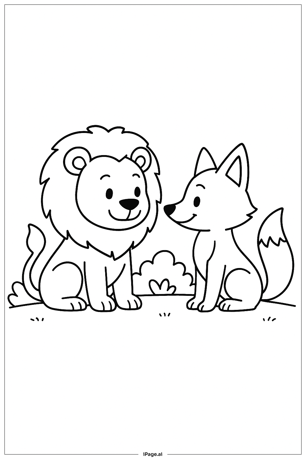  ライオンとキツネの友達との出会いの塗り絵ページ 