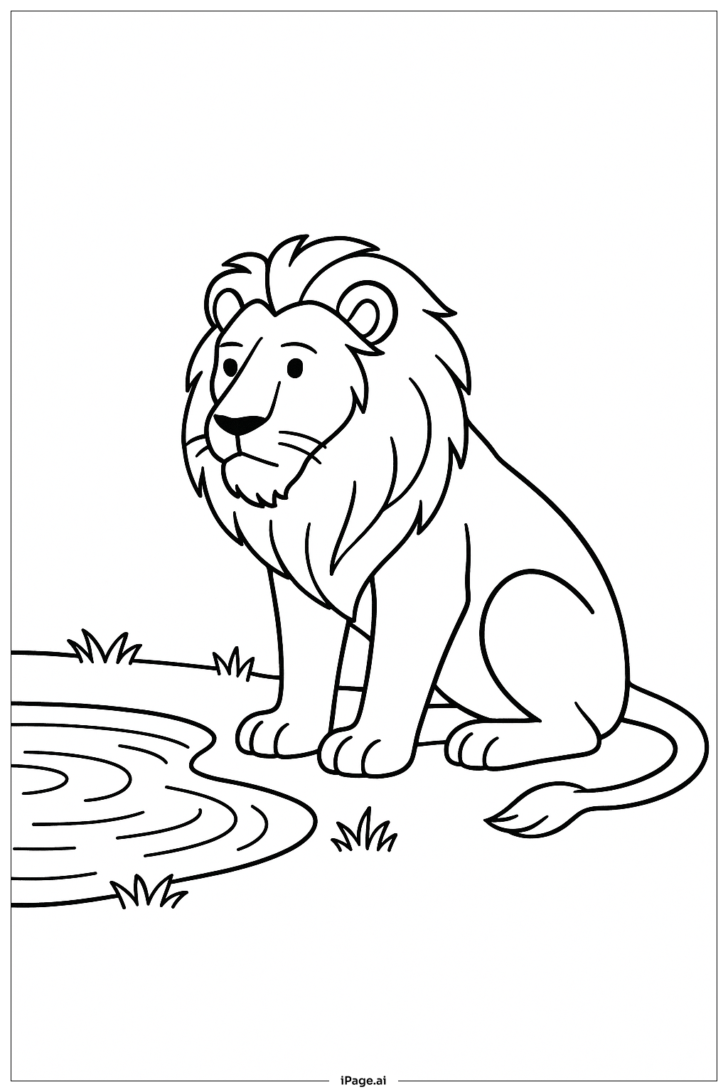  池のそばのライオンの塗り絵ページ 