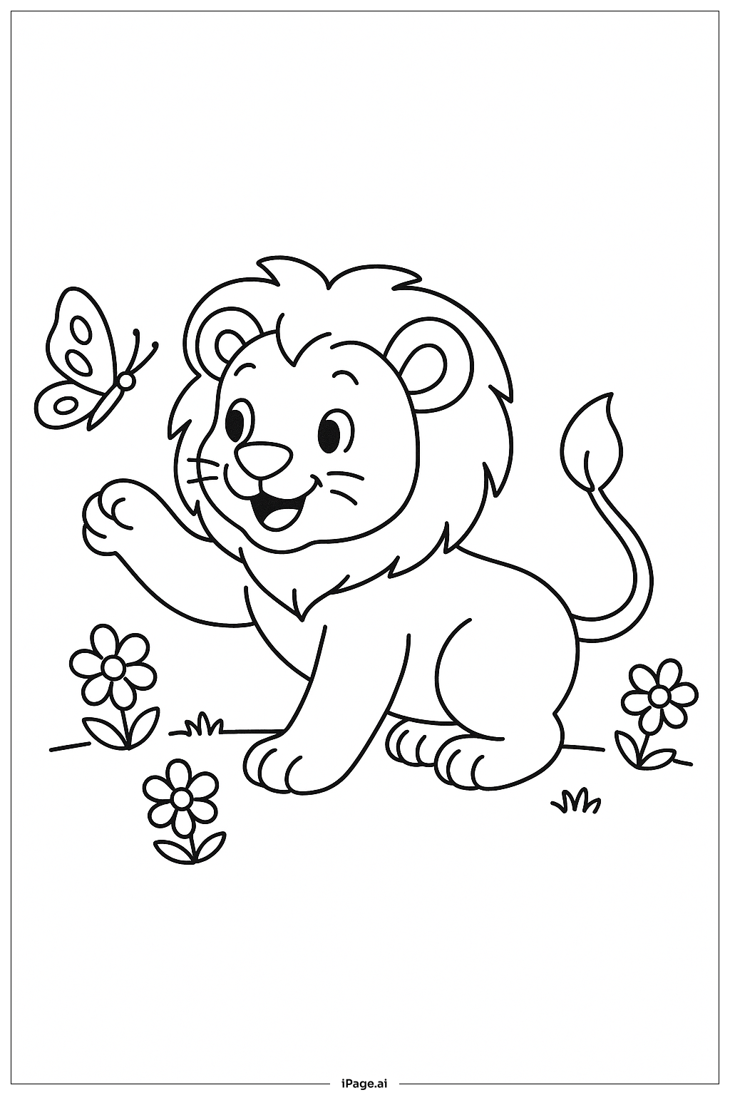  蝶と遊ぶライオンの塗り絵ページ 