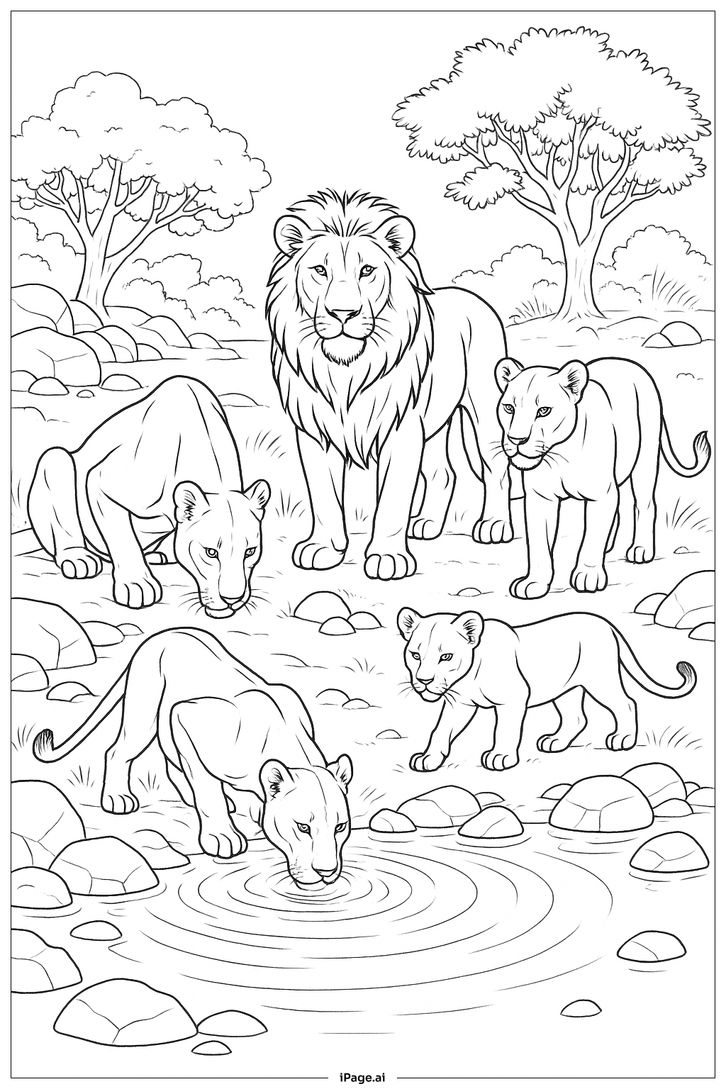 水たまりの周りのライオンの群れ