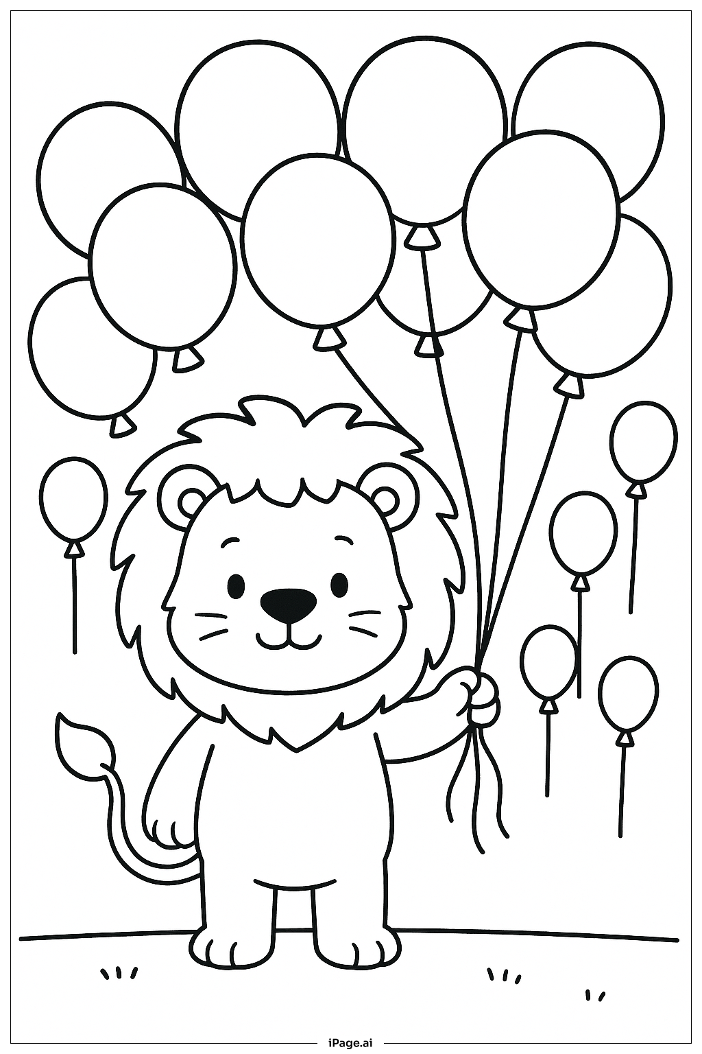  風船の花束を持つライオンの塗り絵ページ 