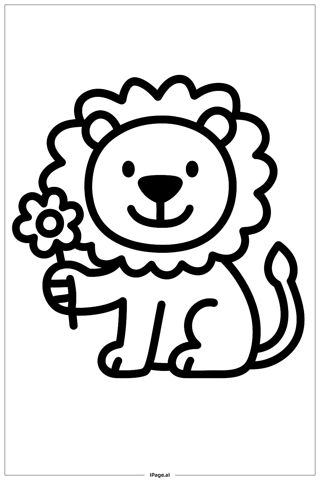  花を持つライオンの塗り絵ページ 