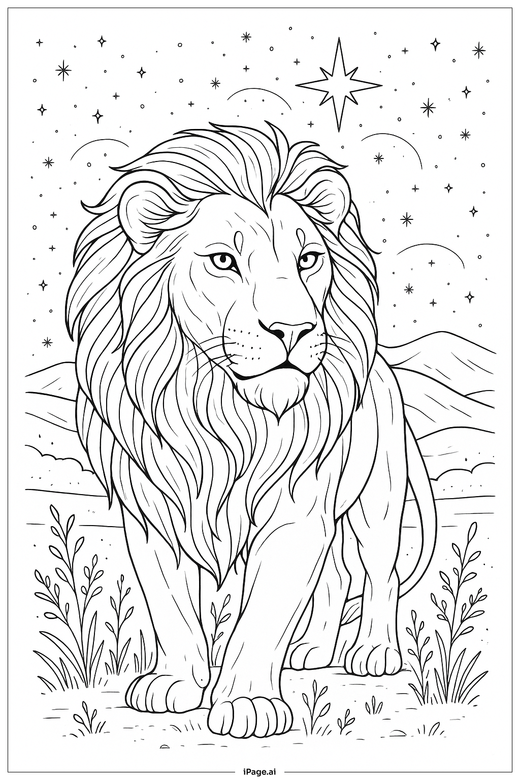  星空のライオンの塗り絵ページ 