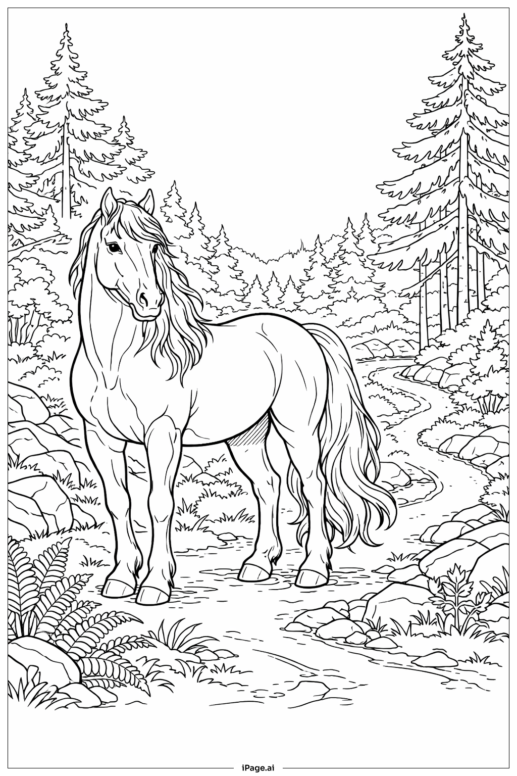  森林中的威严马填色页 