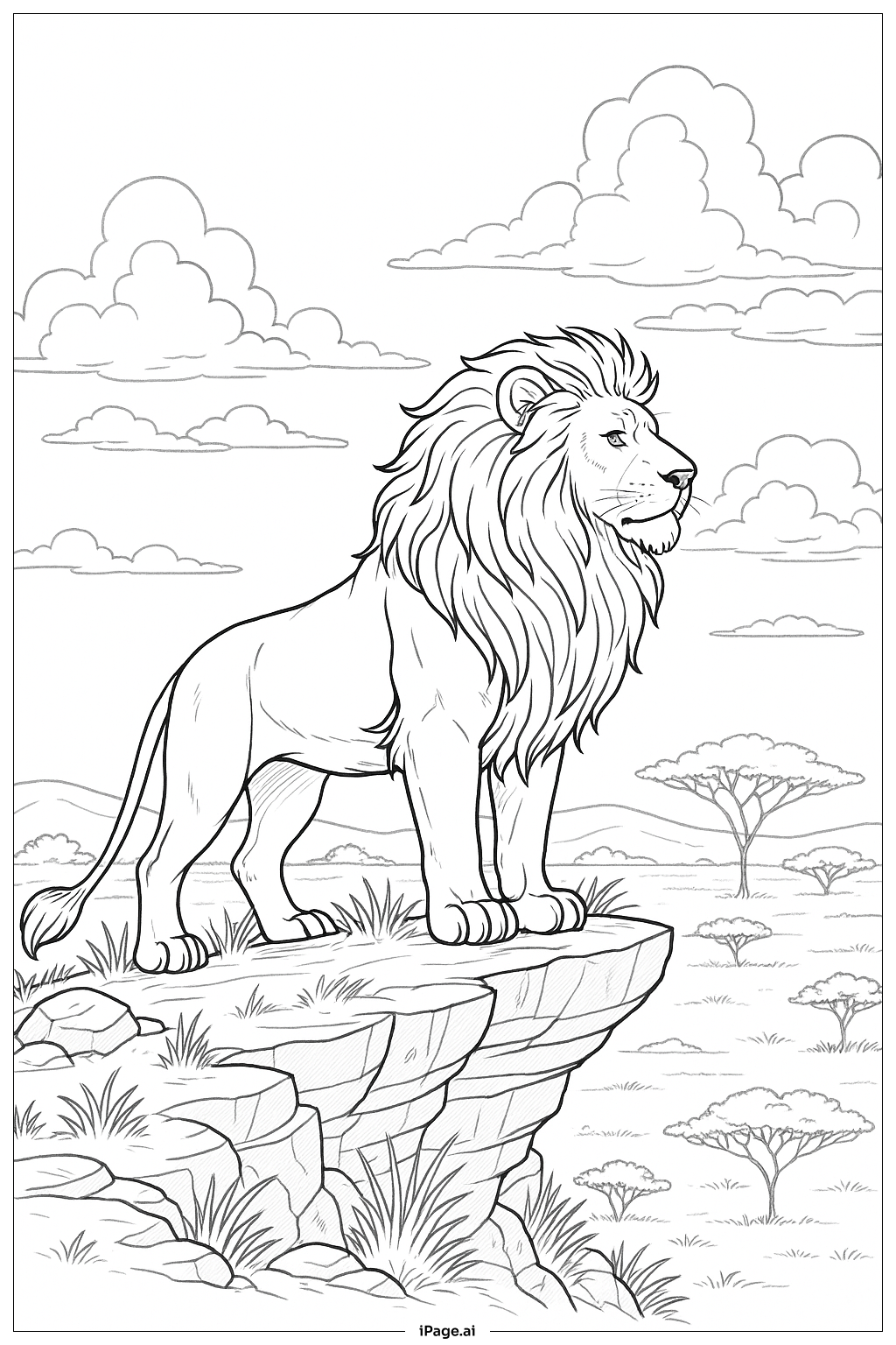  崖の上の威厳あるライオンの塗り絵ページ 