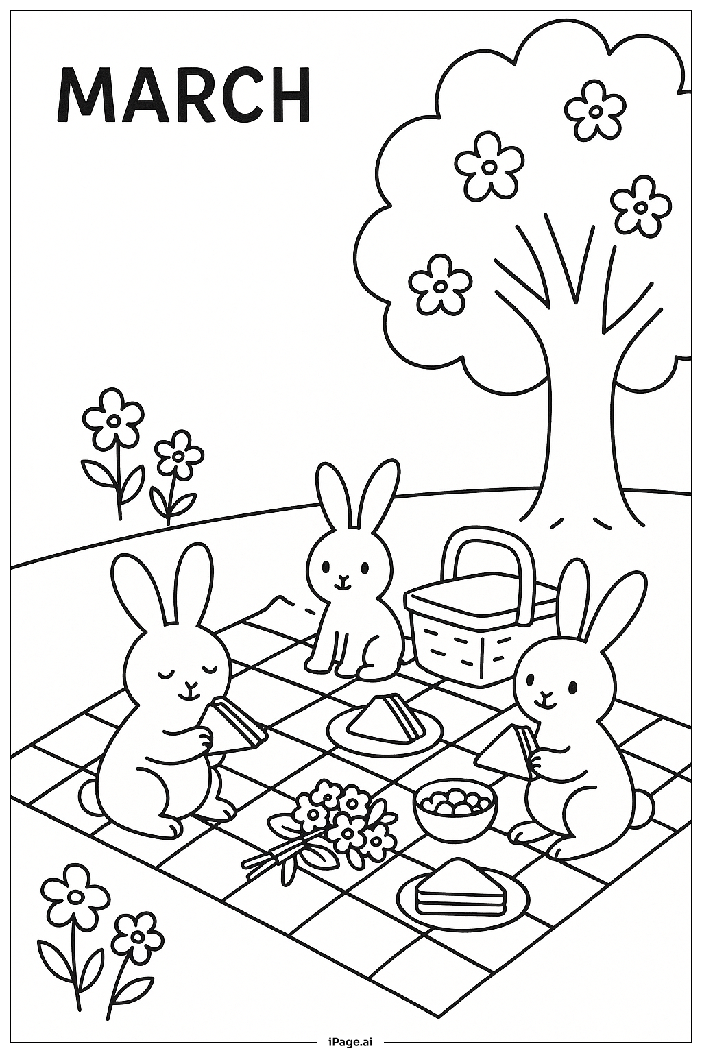 March Bunny Picnic Coloring Page