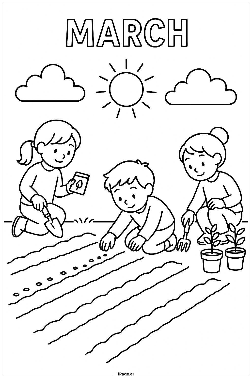 March Garden Helpers Coloring Page