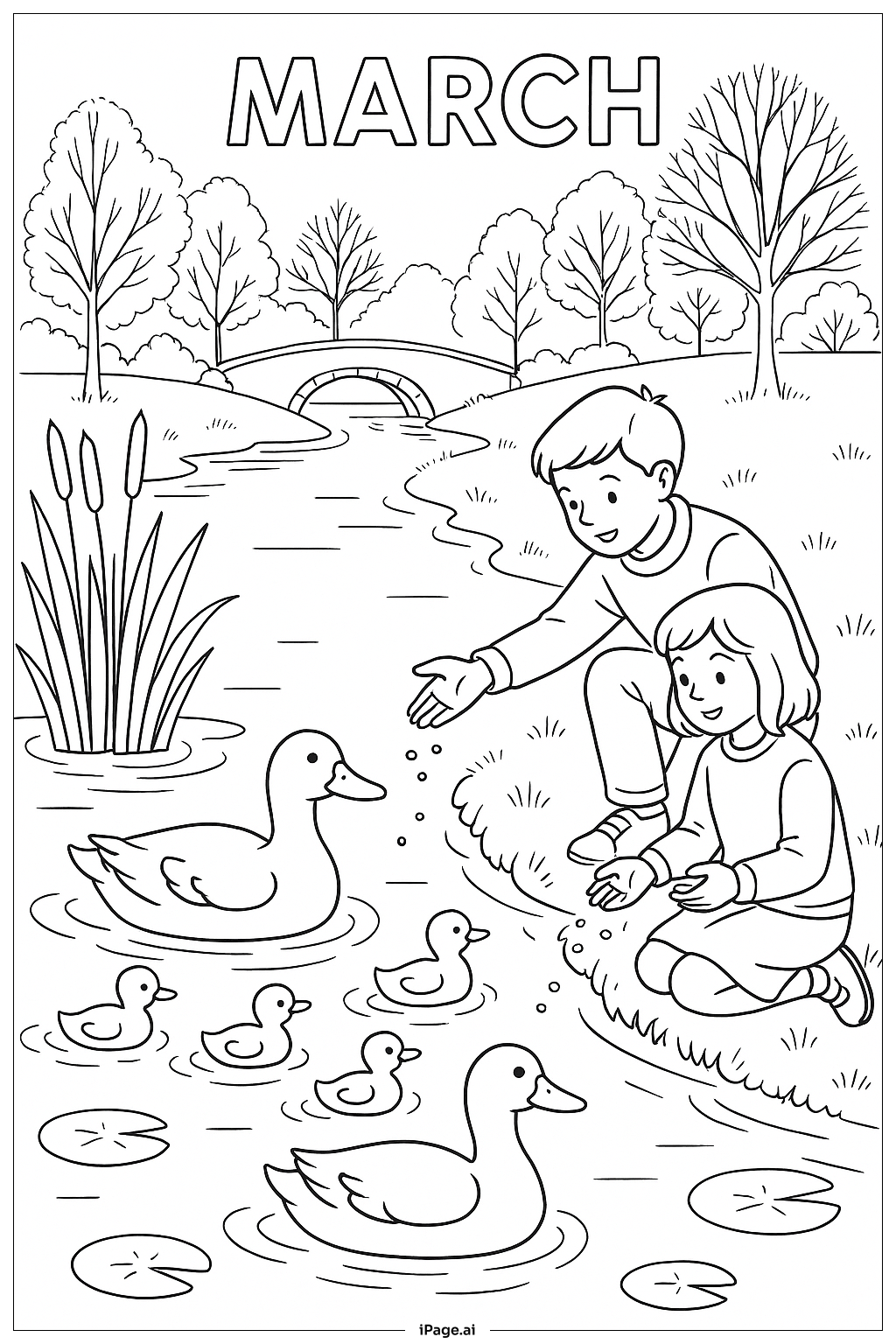 March Pond with Ducks Coloring Page