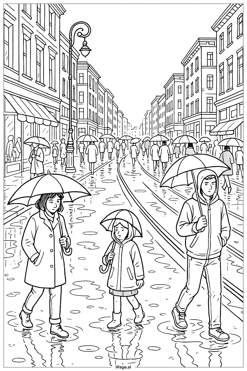 March Rainy City Street Coloring Page