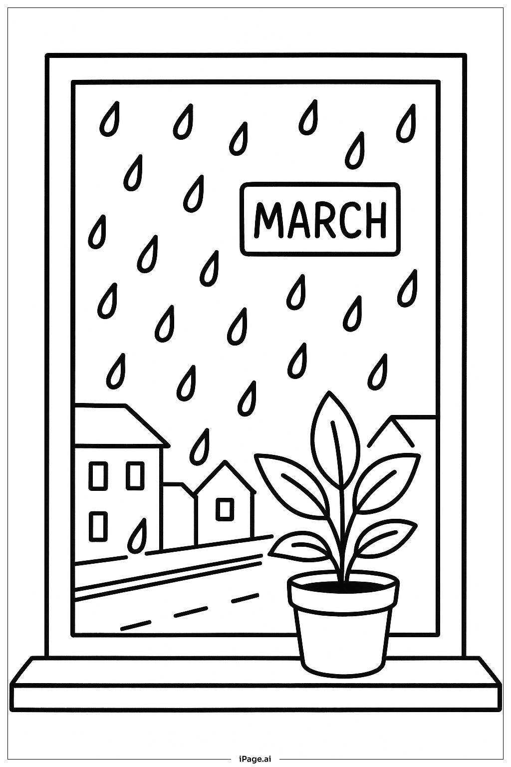 March Rainy Window Coloring Page