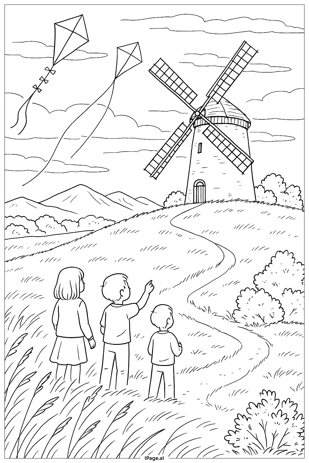 March Windmill Landscape Coloring Page
