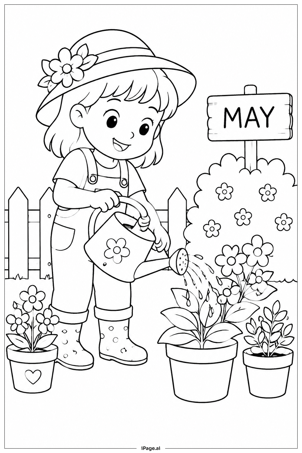 5月の子どもと植物への水やりの塗り絵ページ 