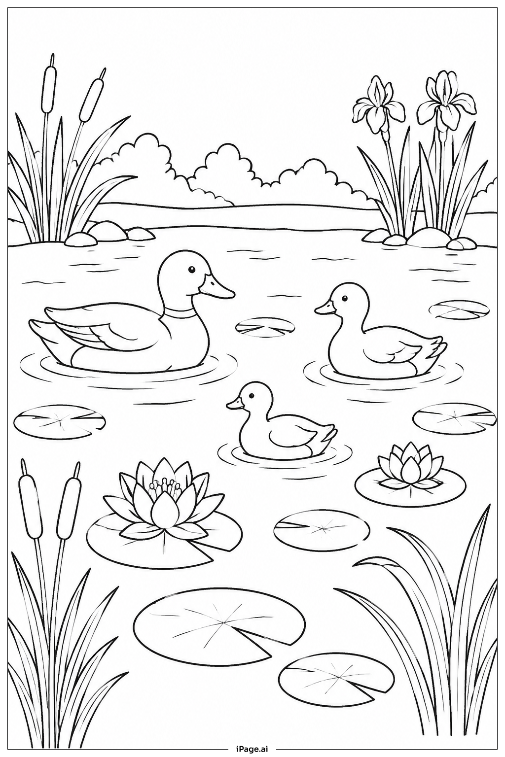  Página para colorir de Lago de Maio com Patos 