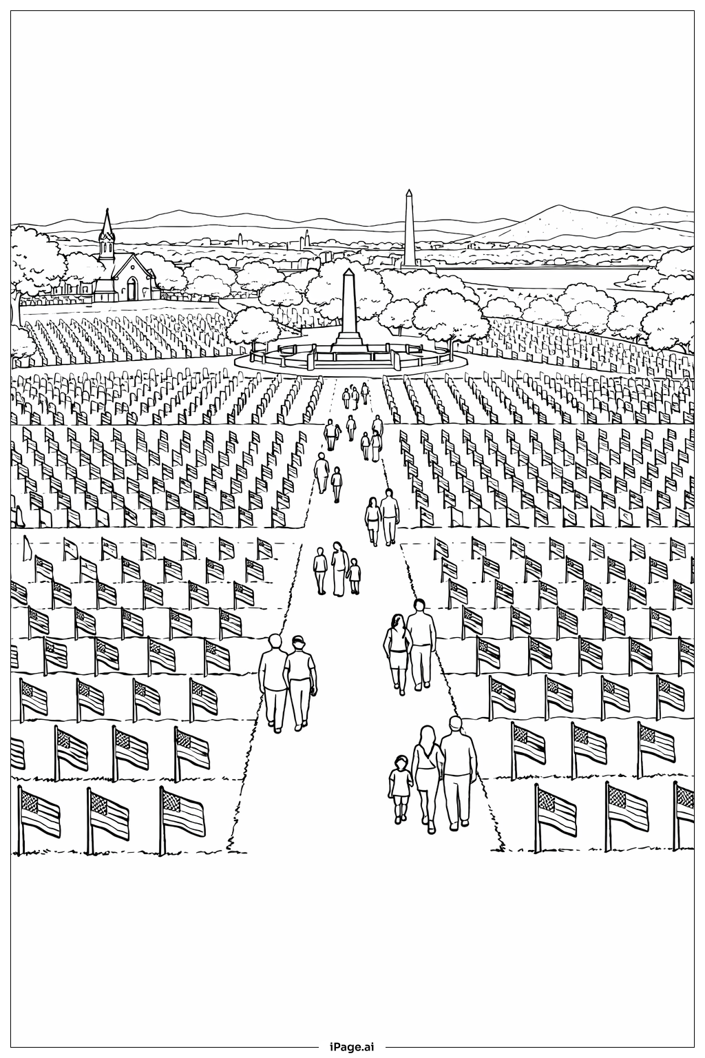  陣亡將士紀念日空拍墓園景觀著色頁 