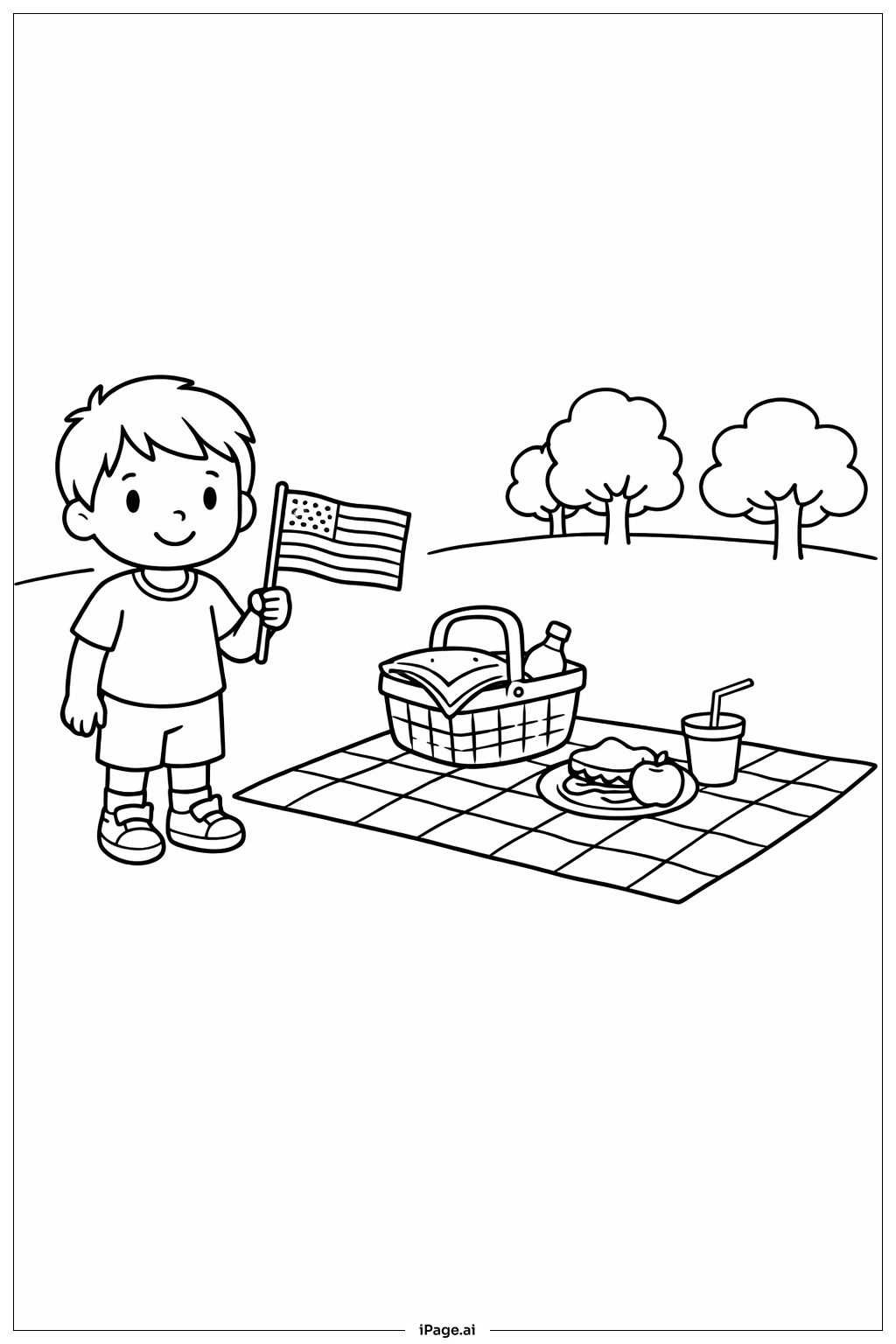  陣亡將士紀念日野餐小孩著色頁 