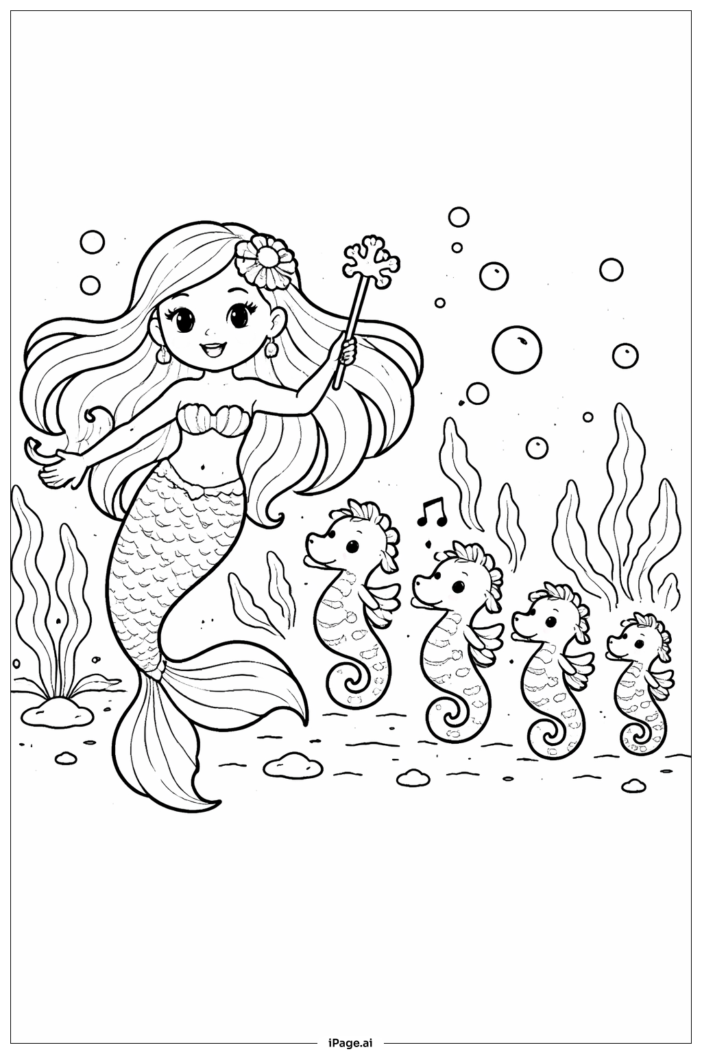 Mermaid and Seahorse Parade Coloring Page