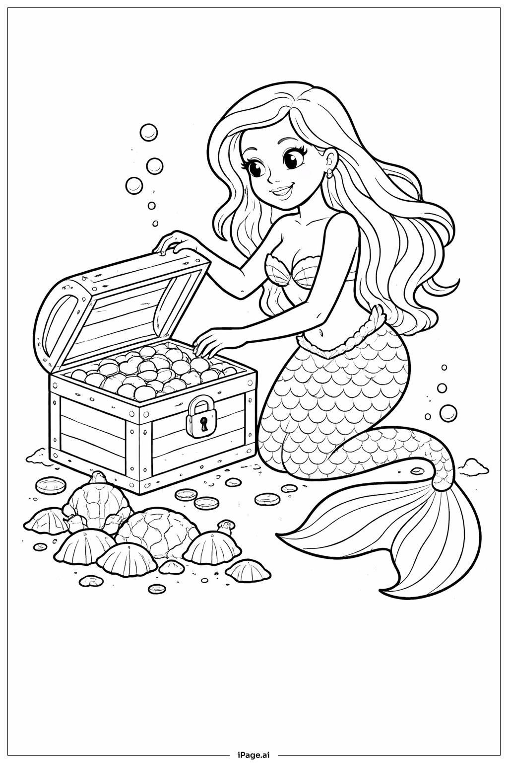 Mermaid and Treasure Chest Coloring Page