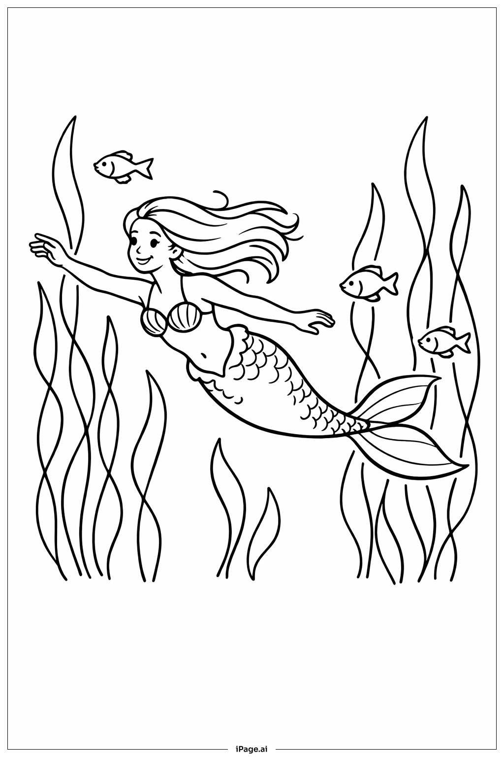 Mermaid Crossing Seaweed Forest Coloring Page