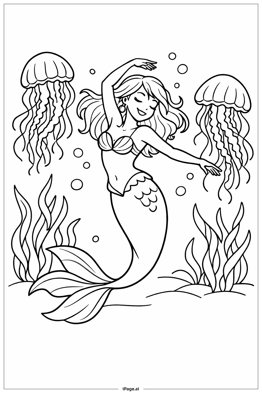 Mermaid Dancing with Jellyfish Coloring Page