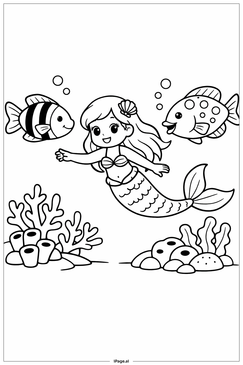 Mermaid Exploring Coral Reef Coloring Page