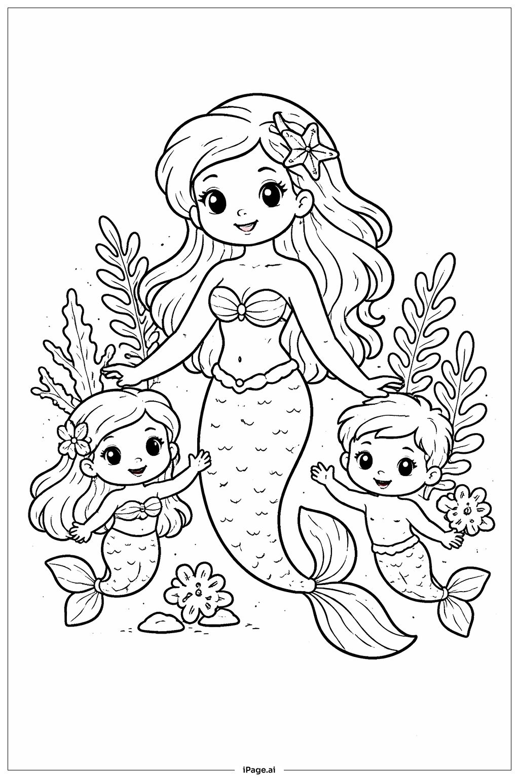 Mermaid Family Scene Coloring Page