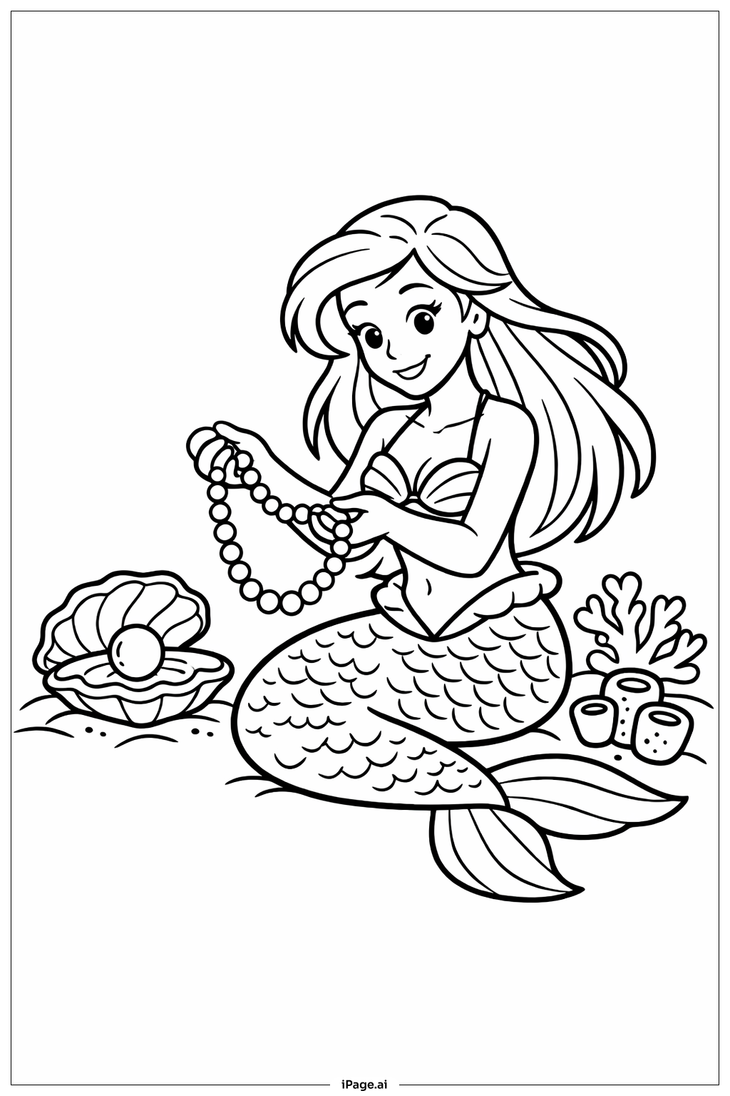 Mermaid Gathering Pearls Coloring Page
