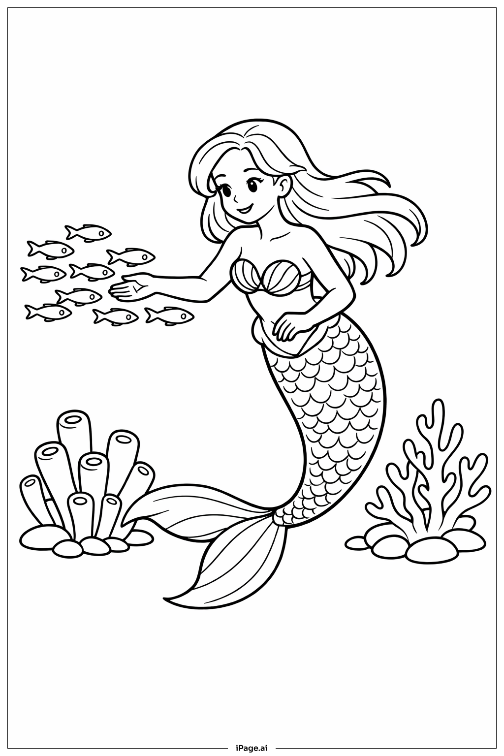 Mermaid Guiding Small Fish Coloring Page