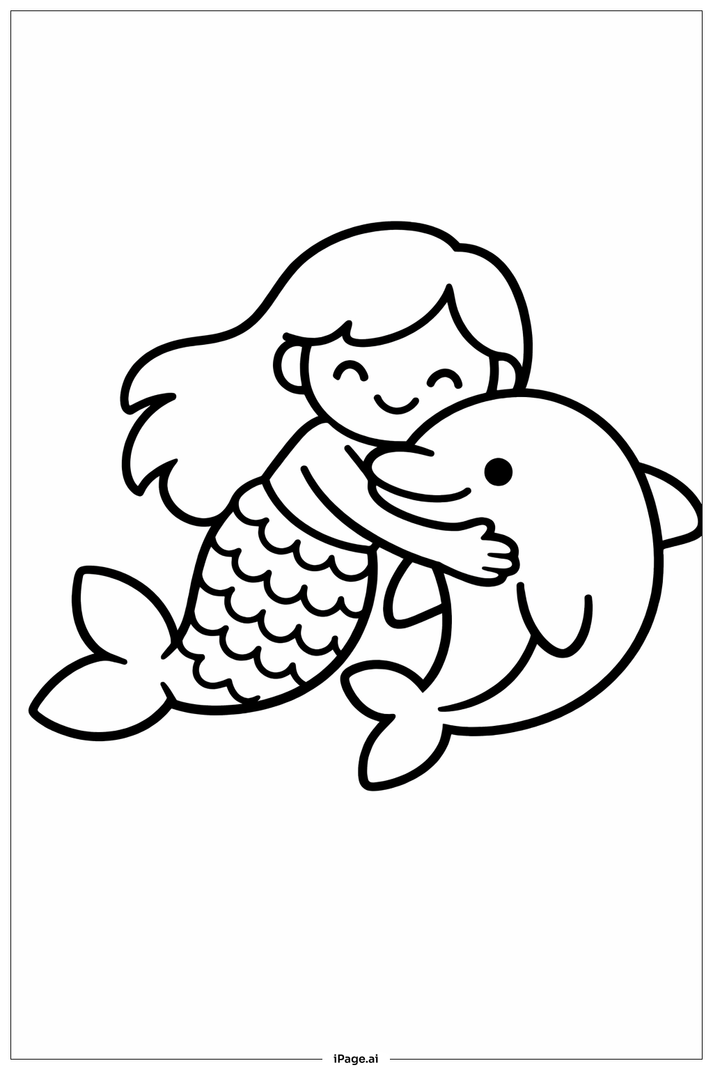 Mermaid Hugging Dolphin Coloring Page
