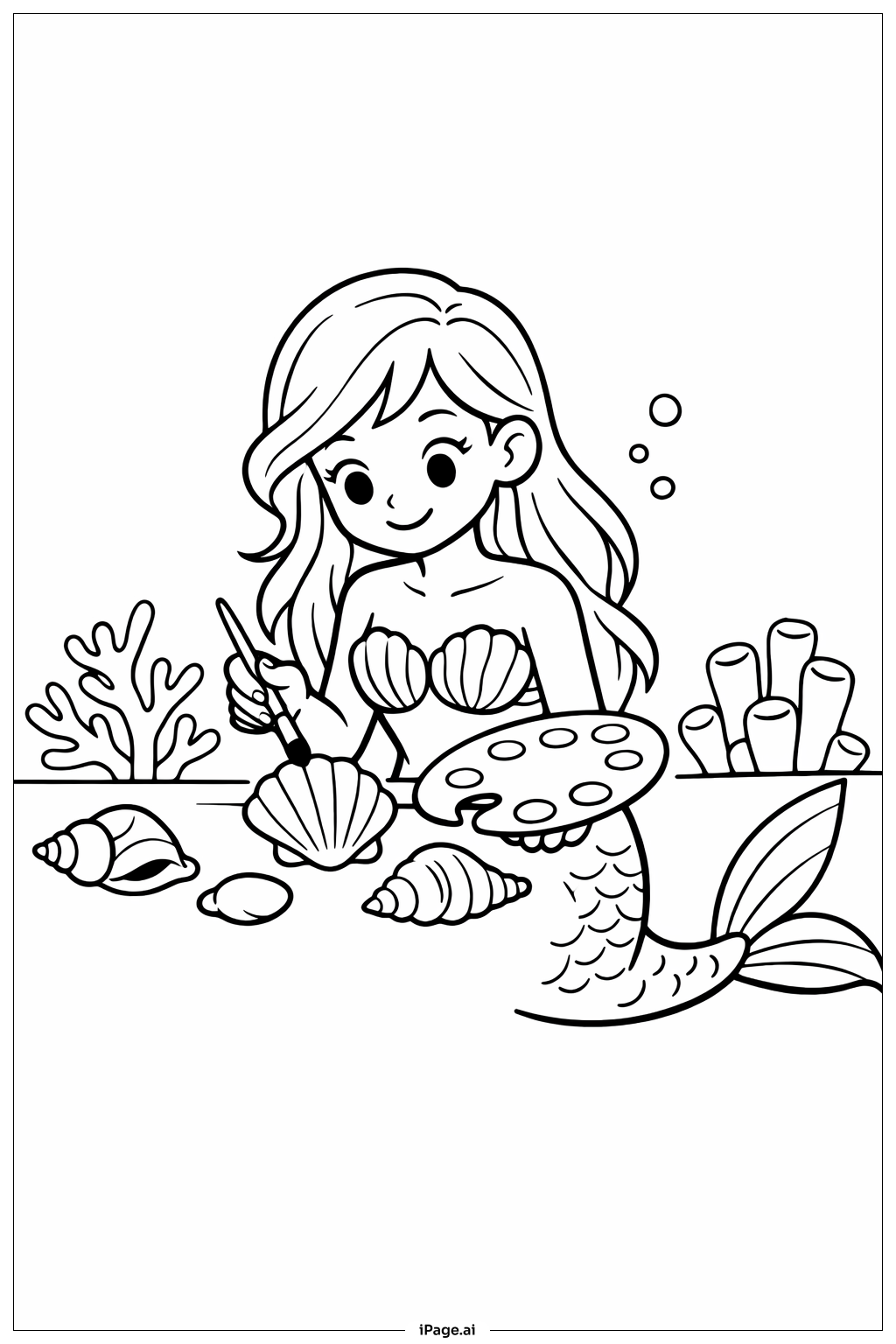 Mermaid Painting Shells Coloring Page